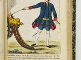 an open book with a drawing of a man holding a cannon