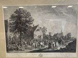 a framed picture of a painting of people outside a village