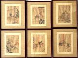 six peintures chinoises encadrées représentant un homme et une femme dans une pièce