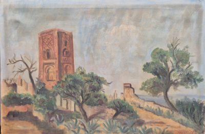 tableau représentant une tour sur une colline, avec des arbres au premier plan