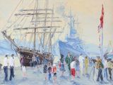 un tableau représentant un groupe de personnes rassemblées autour d'un bateau