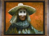 an oil painting of a woman wearing a mask and a hat