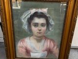 un tableau représentant une femme en robe rose et coiffée d'un chapeau blanc