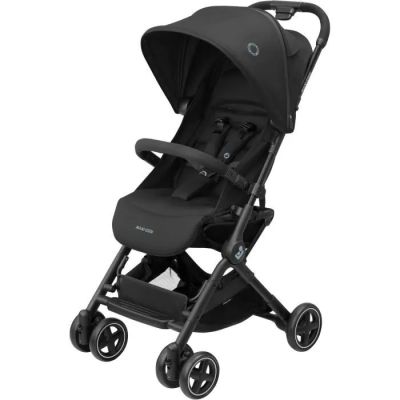 La poussette a un siège noir et des roues noires.