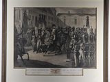 painting of a group of men riding horses in front of a building