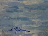 an oil painting of a sailboat on the water with a sailboat in the distance