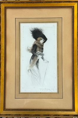 tableau représentant une femme coiffée d'un chapeau et tenant une canne, devant un mur de briques