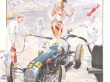 un tableau représentant un homme au volant d'une voiture de course sur un circuit
