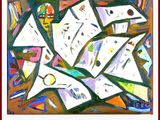 peinture abstraite représentant une pile de papiers sur une table, dans un cadre rouge