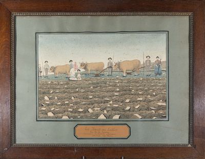 painting of a group of men plowing a field with cattle