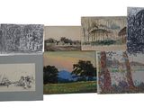 plusieurs dessins représentant des arbres et un champ, avec le ciel en arrière-plan