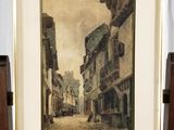 tableau représentant une scène de rue avec une calèche en arrière-plan