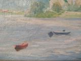 a painting of a boat in a body of water with a mountain in the background