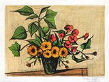 un dessin d'un vase de fleurs sur une table