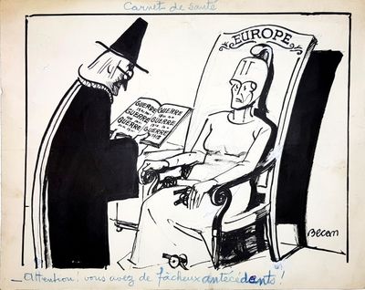 drawing of a cartoon of a man sitting in a chair and a woman reading a book