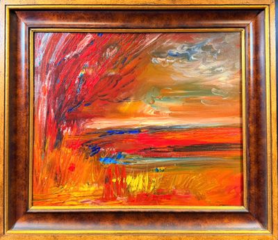 une peinture à l'huile représentant un coucher de soleil avec un arbre au premier plan