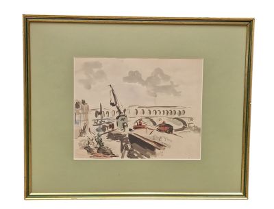 a drawing of a boat in the water with a man standing next to it