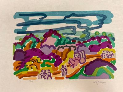 a drawing of a landscape with trees and clouds