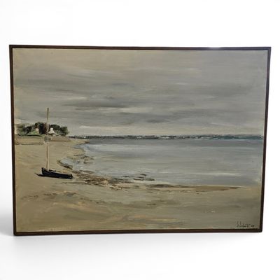 a painting of a boat on the beach by the water