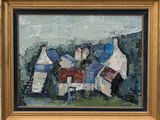 an image of a painting of a house with a red roof