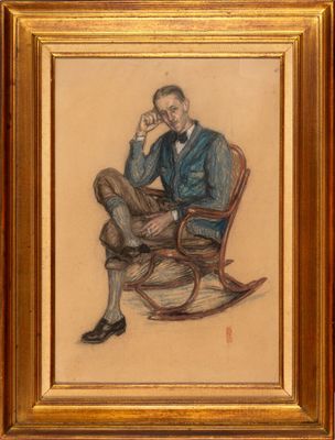 painting of a man sitting in a rocking chair with his hand on his head