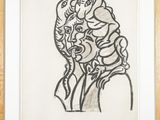a black and white drawing of a woman with a bird on her shoulder