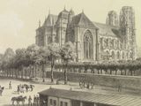 a drawing of a large building with a horse drawn carriage in front of it