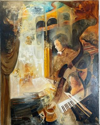 painting of a man playing a musical instrument in front of a piano