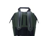 the back view of a green backpack with black straps
