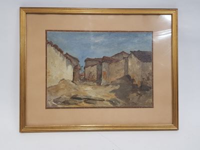 tableau encadré représentant une scène de village avec un cheval au premier plan