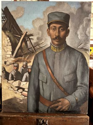 tableau représentant un homme en uniforme militaire debout à côté d'un tas de gravats