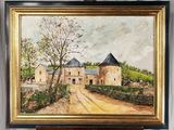 une peinture à l'huile représentant une route menant à un château, posée sur un chevalet