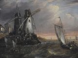a painting of a windmill and a boat in the water