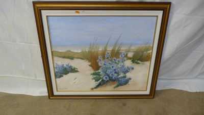 an oil painting of a beach scene with blue flowers in a gold frame