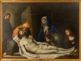 an image of a painting of jesus laying on the cross with other people