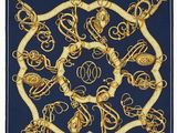 foulard carré en soie bleu et or, orné de perles dorées et argentées