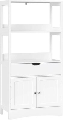a white bookcase with two drawers and a drawer underneath it