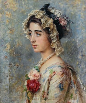 une image d'un tableau représentant une femme avec une fleur dans les cheveux