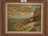 an oil painting of a rocky coast with a lighthouse in the distance