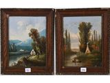 paire de peintures à l'huile sur toile du XIXe siècle représentant des scènes rurales