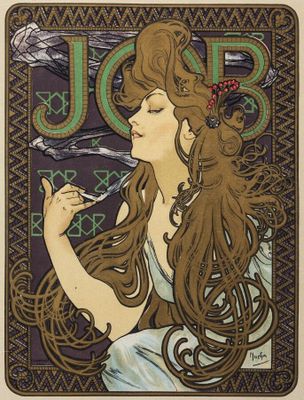 a painting of a woman with long hair smoking a cigarette