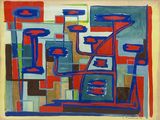 peinture représentant une œuvre abstraite rouge et bleue sur fond blanc