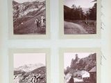 four black and white photos of a man riding a horse on a road
