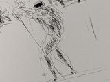 dessin représentant un homme descendant une pente à ski, avec des arbres en arrière-plan