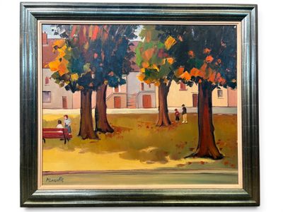 tableau représentant une scène de parc avec un banc et des arbres au premier plan