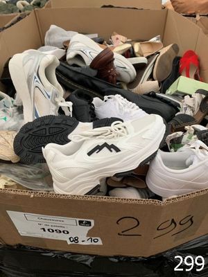 many pairs of shoes in a box on the floor