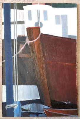a picture of a painting of a boat on the wall