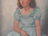 tableau représentant une femme en robe bleue assise sur une chaise