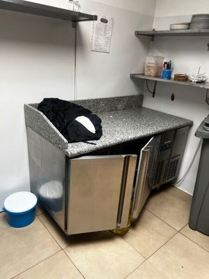 une cuisine avec un évier et un réfrigérateur