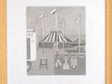 a black and white drawing of a circus tent with flags